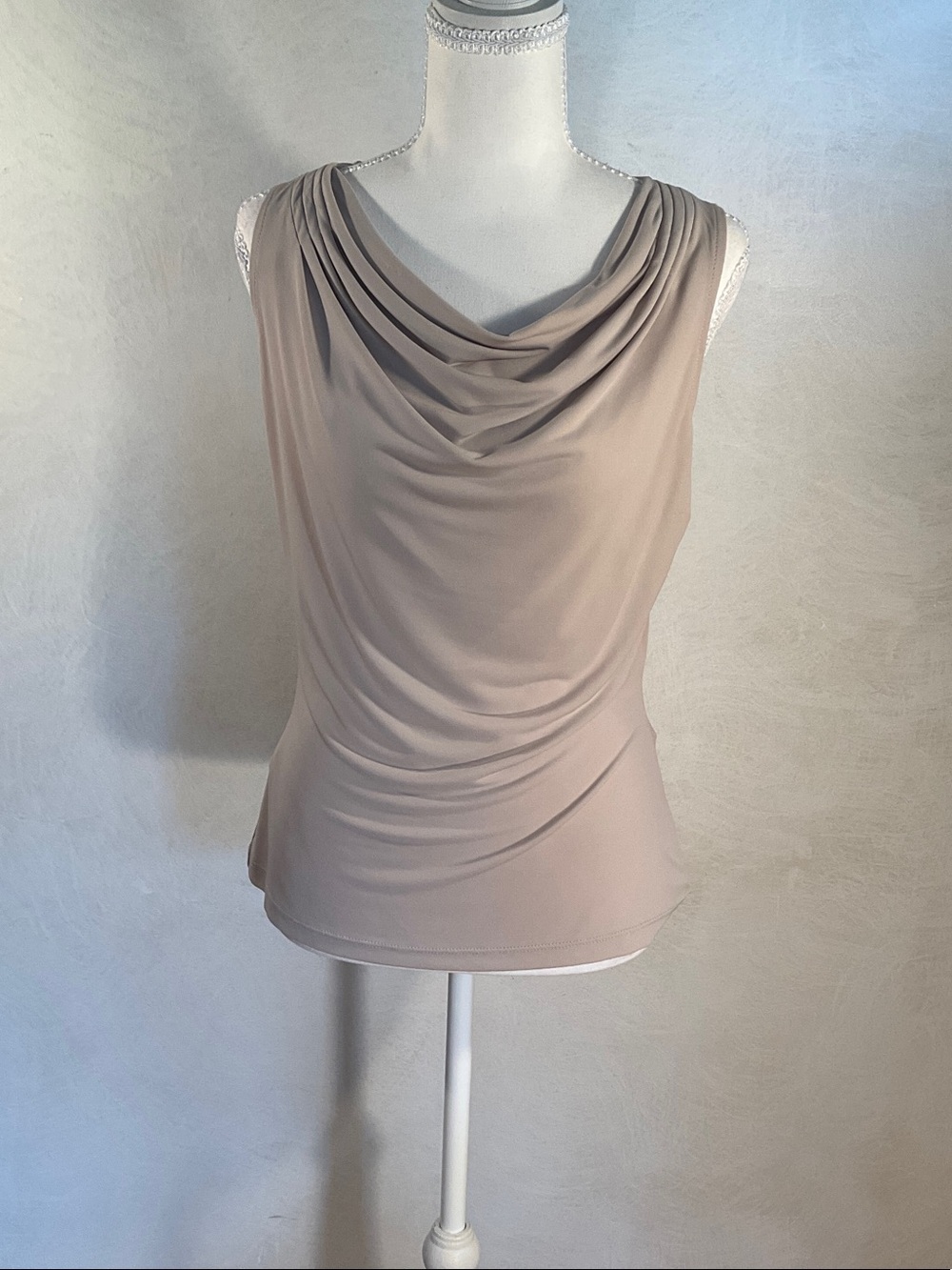 Calvin Klein Draped Sleeveless Cowl Neck Top in Taupe